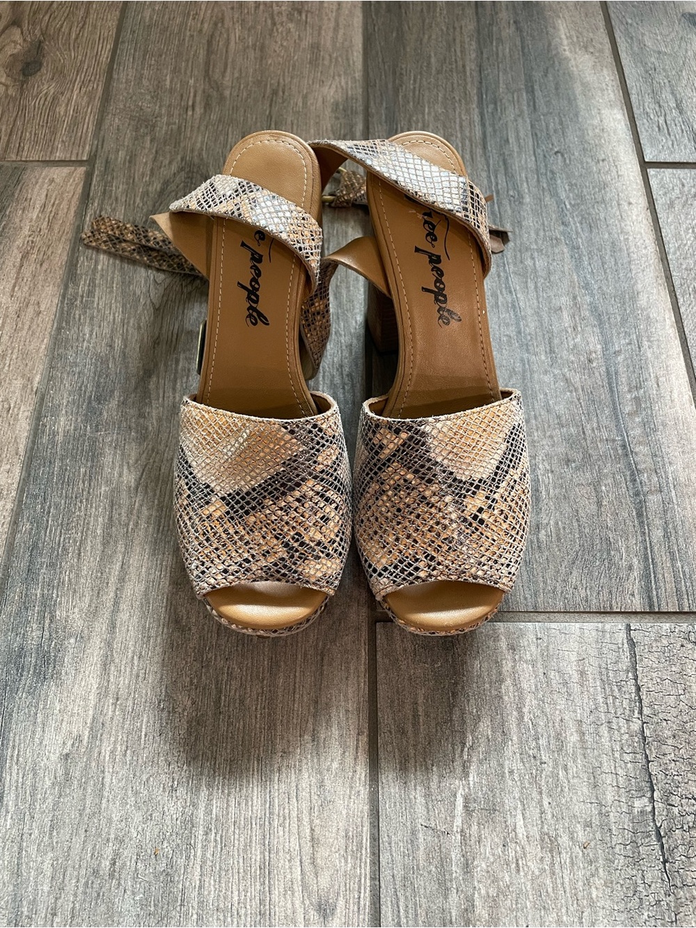 Free People Tan Snake-Print Block Heel Sandals